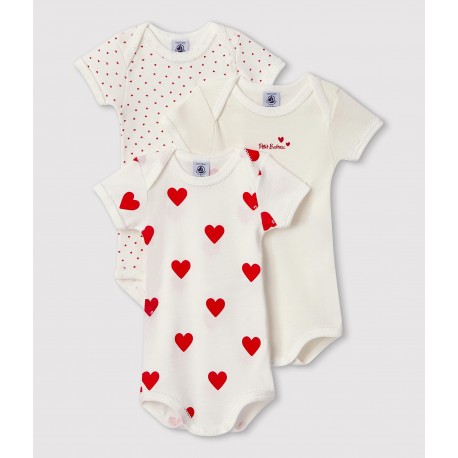 Baby Girls' Short-Sleeved Heart Pattern Organic Cotton Bodysuits - 3-Pack